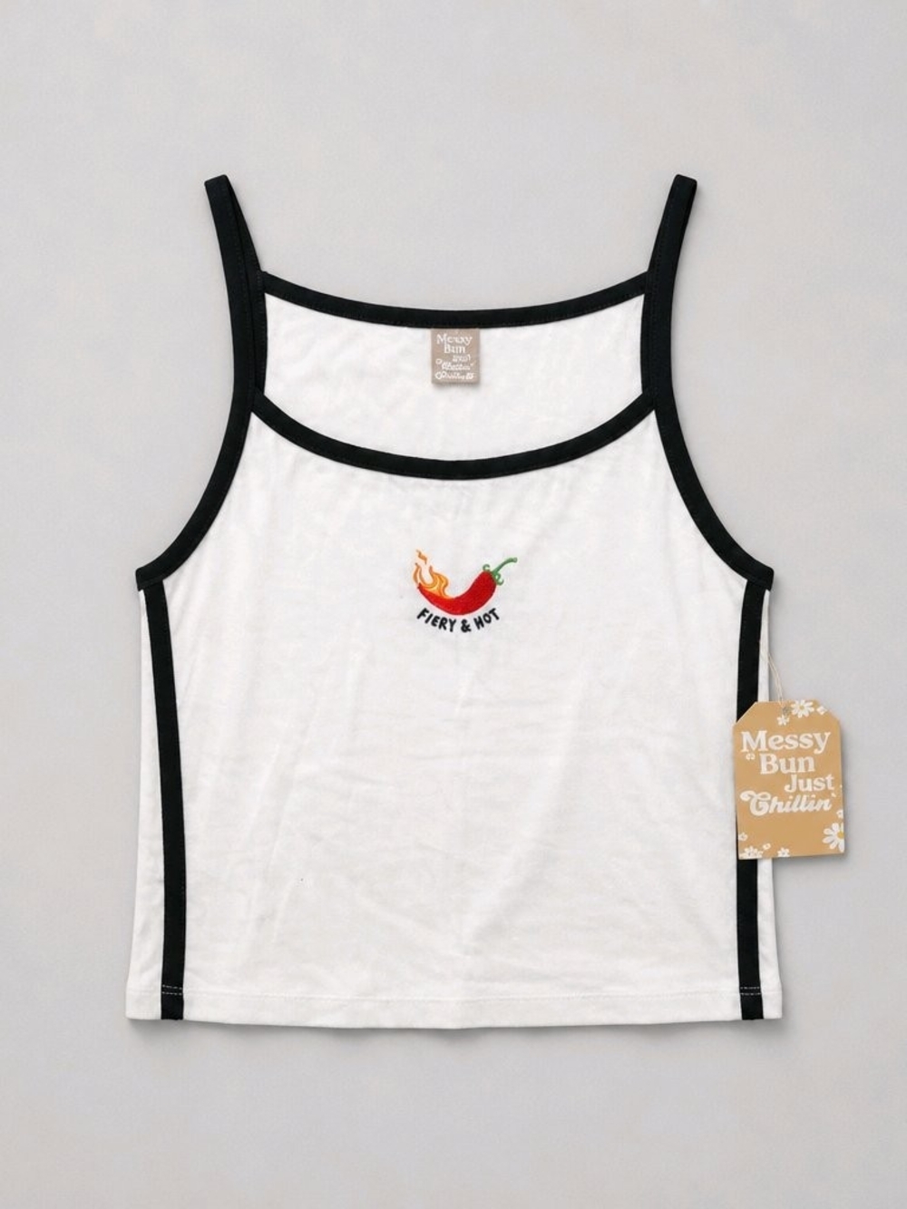 Messy Bun White & Black Ringer Tank Top - Fiery & Hot Embroidered NWT